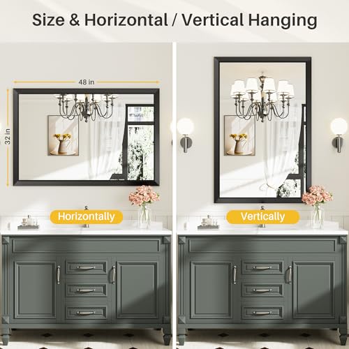Briivue 48x32 Inch Black Bathroom Mirror for Wall, Thick Metal Framed Rectangle Mirrors for Over Sink, Bedroom, Living Room, Entryway, Anti-Rust, HD Tempered Glass - color: Black, size: 48"L x 32"W