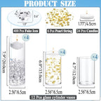 24 Pcs Floating Candles 12 Glass Vases for Centerpieces with 400 Acrylic Fake Ice Cubes 6 Pearl String Vase Filler Floating Candle Centerpieces for Tables Party Event Wedding Home Decor