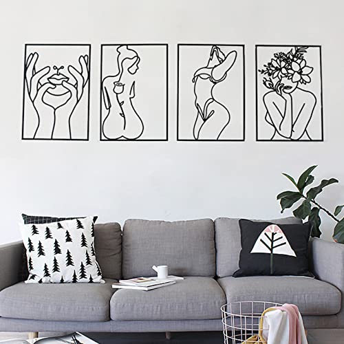 Glamativity 4 Pack Black Wall Art Décor, Minimalist Décor Single Line Art Wall Décor, Real Metal Wall Art, Woman's Body Shape Abstract Wall Art, for Kitchen Bedroom Living Room - color: Black Classic Style, size: M Size 17 x 11.8''