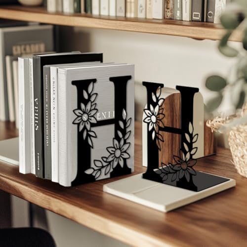 Peacoblue Metal Bookends for Shelves, Modern Decorative Heavy Duty Study Book Ends Stoppers for Office Desk Shelf, Room 5.3"x4.3"x7.1" Cast Iron Tall Bookends 1 Pair (Letter H with Flowers) - style: Letter H with Flower