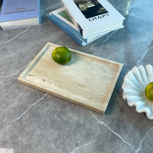 Travertine Stone Tray for Coffee Table, 12 x 8 inch Rectangle Marble Vanity Tray for Bathroom Countertop, Decorative Dish for Perfume Jewelry (Beige Travertine)
