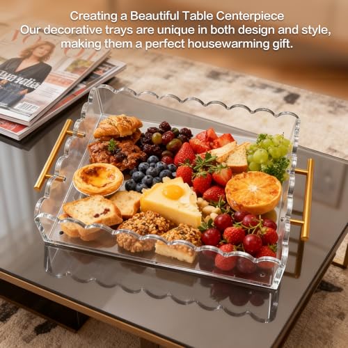Acrylic Scalloped Tray 14'' X 11'' Acrylic Serving Tray with Magnetic Mat and Handles for Customizable Picture, Clear Acrylic Tray for Bathroom Kitchen Living Room Decor Vanity Perfume