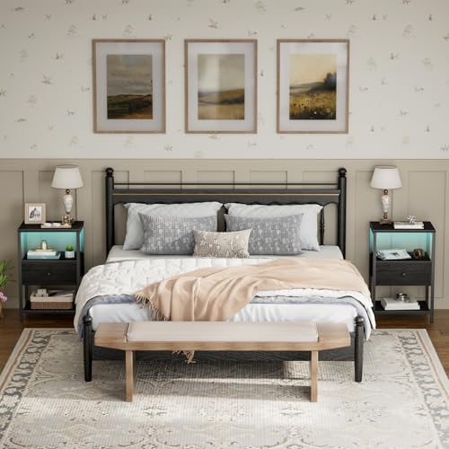 BOLUO Black Nightstand with Charging Station, LED Night Stand with Fabric Drawers and Shelf, Bedside Table with USB Ports and Outlets, Bedroom Nightstand Modern - color: B.black