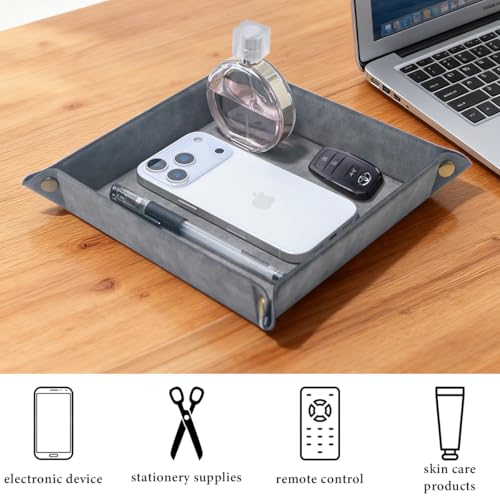 Valet Tray Desktop Storage Organizer – Premium PU Leather Catchall Bedside Vanity Tray Nightstand Caddy Holder for Remote Controller, Keys, Phone, Wallet, Coin, Jewelry,Grey - color: Gray