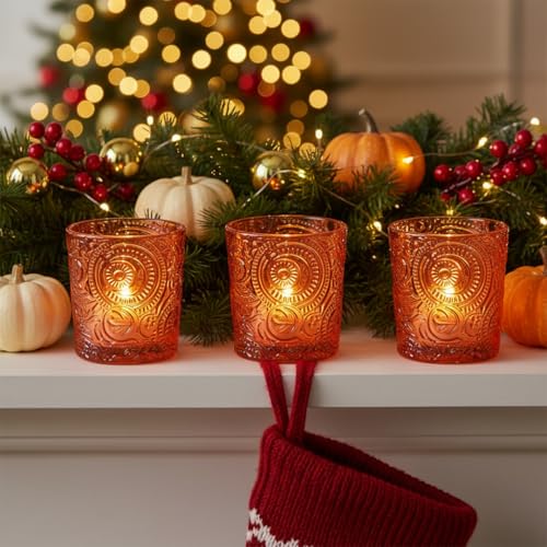 12 Pack Patented Sun Moon Star Embossed Glass Tea Light Candle Holders - Unique Votive Candle Holders for Wedding, Party, and Table Centerpieces (Pumpkin Spice) - color: Pumpkin Spice