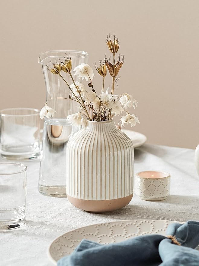 Boho Farmhouse Small Ceramic Vase for Pampas Grass & Flowers - 5.3 Inch Rustic White Vase, Centerpiece for Eucalyptus, Tiny Stems & Bouquets with Embossed Lines - style: Lines