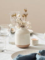 Boho Farmhouse Small Ceramic Vase for Pampas Grass & Flowers - 5.3 Inch Rustic White Vase, Centerpiece for Eucalyptus, Tiny Stems & Bouquets with Embossed Lines - style: Lines