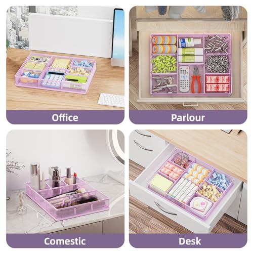 Marbrasse Desk Drawer Organizer, Metal Mesh Drawer Organizer Tray with 5 Adjustable Compartments,Desk Organizers and Accessories for Home,Office,Kitchen,Makeup,Vanity (Purple) - color: Purple