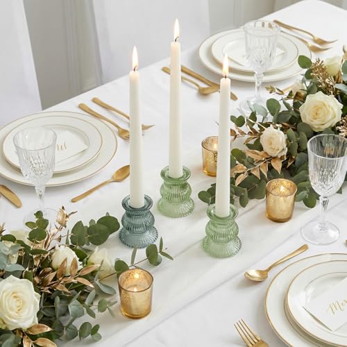 Green Glass Candle Holders 12 Pcs, Ribbed Taper Candle Holders Bulk, Vintage Candlestick Holders for Sage Green Wedding Centerpieces, Christmas Table Decor, Party & Easter Home Decor - color: Green&clear