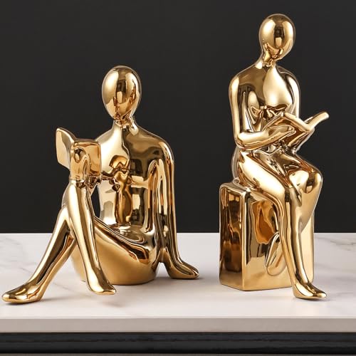 Ceramic Decorative Bookends, Book Ends for Shelves, Home Office Decor Aesthetic Statues Book Holders Stoppers for Bookshelf, Table, Bedroom Living Room Decoration (Gold) - color: Gold