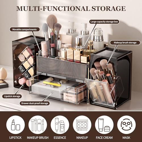 INVSSENE Stackable Makeup Organizer Countertop, Storage Perfume Skincare Cosmetic Lipstick Face Mask Makeup Brush Palettes, Ideal for Vanity Bathroom Counter - color: 3516 Coffee+Clear