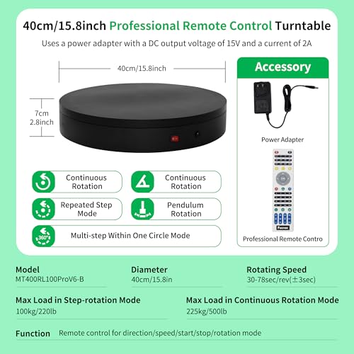 Remote-Controlled Motorized Turntable,Heavy Duty Motorized Rotating Display Stand,Speed-Adjustable Rotating Platform,Multi-Mode Photography Turntable for 3D Scan,Showcase(15.8in/Black) - size: 15.8inch/Black/500Lbs Load