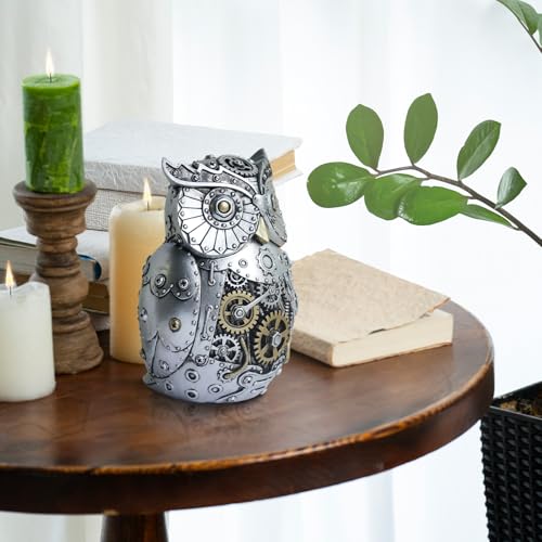 Pigort Unique Owl Statue Figurine - Mechanical Steampunk Style Polyresin Sculpture - 6.6-inch High - Ideal Gift for Boys and Boys' Room Decor