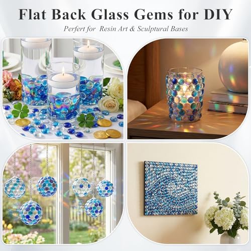 DomeStar 65PCS Iridescent Blue Flat Marbles, Decorative Glass Pebbles Beads Vase Fillers Decorative Fish Tank Aquarium Rocks for Centerpieces Table Decor