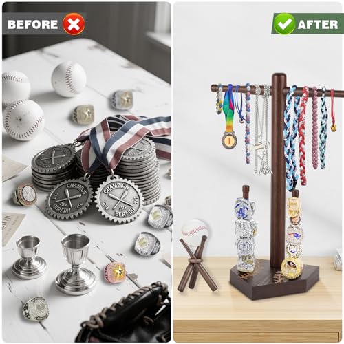 Baseball and Softball Jewelry Organizer, Wooden Baseball Stand and Display Holder for Championship Ring & Drip Necklace, Ring Display Holder , Baseball Accessories Decor, Gift for Athletes and Fans