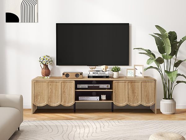 Modern 63" TV Stand, Wood Entertainment Center with Sliding Doors, Media Console for TVs Up to 70", TV Stand for Living Room, Natural - color: Natural