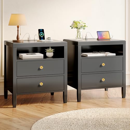 Huuger Black Nightstand Set of 2, Night Stand with Charger Station, Bedside Table with 2 Drawers, Bed Side Tables for Bedroom, Modern Nightstands, Metal Knobs, Painted Surface | with Charger Station, 2 Drawers, Bed Side Tables, for Bedroom, Metal Knobs, P