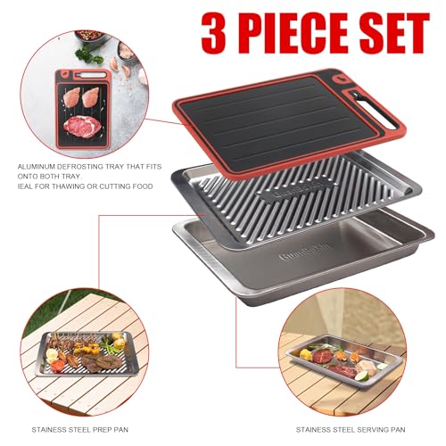 Grilling Prep and Serve Trays, Set of 3 Stackable Stainless Steel BBQ Trays with Cutting Board, Deep Marinating Container, Serving Platter for Plating Food, BBQ Prep Tub for Marinating Meats - style: Deep Prep Trays with Cutting Board
