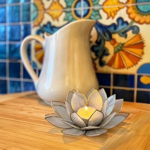Moonshadow Handmade Capiz Shell Lotus Tea Light Holder, Elegant Flower Design with Natural Translucent Finish, Ideal for Home Decor, Meditation, Weddings & Serene Centerpieces, Natural - color: Natural