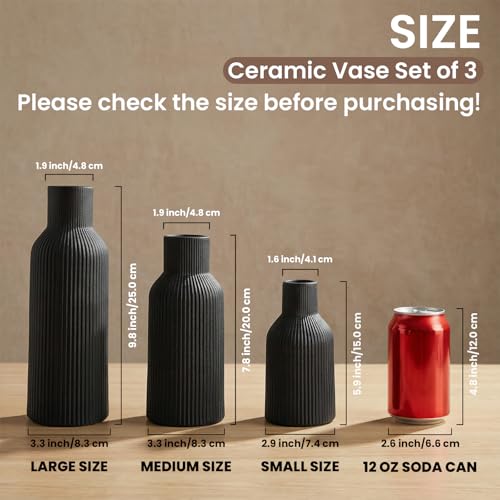 Glossy Black Ceramic Vases Set of 3 - Modern Ribbed Vases for Fresh Flowers & Pampas Grass - Minimalist Decorative Centerpieces for Coffee Table, Mantle, Entryway & Office - color: Black