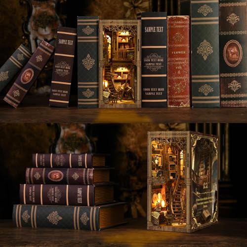 DIY Ancient Library Book Nook Kit, Wooden 3D Puzzle with LED Light, Miniature Bookshelf Model, Cultural Decor for Adults, 411 Pieces (Ancient Library) - style: Ancient Library