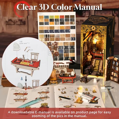 MiniCity DIY Book Nook Kit for Adults, 3D Wooden Puzzle Bookend Bookshelf Insert Decor with LED Light and Dust Cover (The Emperor's Study) - style: The Emperor's Study