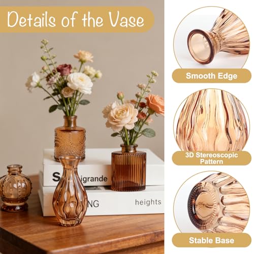 Petal Petite Glass Vase Set of 6 Small Amber Glass Bud Vases, Mini Vintage Flower Vases for Wedding Centerpieces & Table Décor, Champagne Vases in Bulk for Single Stem, Home and Office Decor - color: Amber