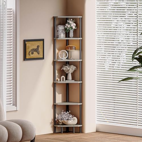 6 Tier Corner Shelf, 66.5'' Tall Standing Shelf, Narrow Display Shelf Stand, Modern Corner Bookshelf, Plant Stand, Corner Bookcase for Living Room, Bedroom, Bathroom, Oak LCS502Q - color: Oak