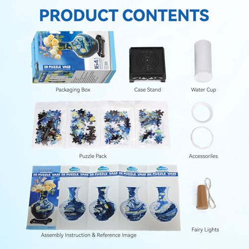 3D Puzzles Vase for Adults, Crafts for Adults, 164 Pieces Plastic DIY Unique Flower Vase with LED Light House Warming Gift Birthday Gifts for Flower Arrangements and Home Decor - color: Blue 2