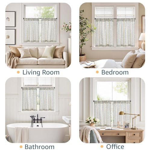 jinchan Boho Linen Blend Kitchen Curtains 24 Inch Length Herringbone Printed Tier Curtains for Small Windows Bathroom Cafe Laundry Room Set of 2 Rod Pocket Blue on Linen - color: Arrow | Blue on Linen, size: 26"W x 24"L (Pack of 2)