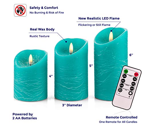 VENTA Turquoise Real Wax Flameless Candles, Set of 3 | Realistic Teal LED Pillar Candles with Remote & Timer | Perfect for Coastal, Beach House & Nautical Decor - color: Turquoise
