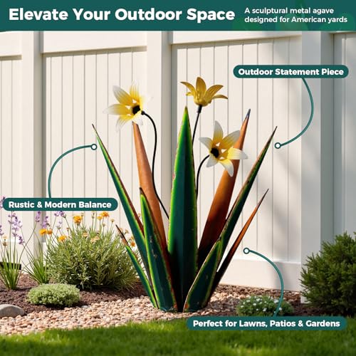 2 Pack Metal Agave Plant Sculptures, Outdoor Agave Plants, Tequila Rustic Sculpture, 16” Hand Painted Garden Decoration Yard Art Plant - color: Retro Green 2pcs W/ Flower