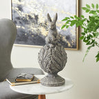 Deco 79 Polystone Rabbit Textured Sculpture with Leaf Covered Round Base, 8" x 8" x 20", Gray - size: 8" x 8" x 20"