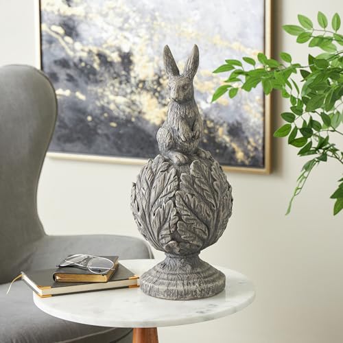 Deco 79 Polystone Rabbit Textured Sculpture with Leaf Covered Round Base, 8" x 8" x 20", Gray - size: 8" x 8" x 20"