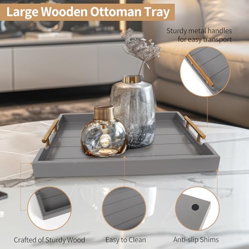 SXNOWS Wooden Serving Tray with 2 Sets of Handles,Large Ottoman Tray for Living Room, Rectangular Wood Tray for Coffee Table, Modern Farmhouse Kitchen Decor, 4 Round Coasters Included,Gray - color: Gray