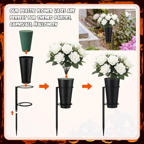 2 Sets Metal Cemetery Flower Vase with Stake for Grave, Flower Holder in Base Graveyard Vase with Floral Foam for Grave Decoration, Black
