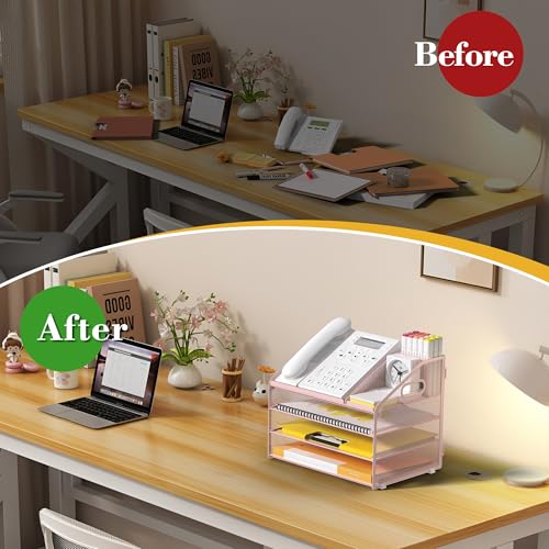 Letter Tray Paper, 4 Tier Desk Organizer with Pen Holder and Handle, Mesh File Organizer Paper Sorter Metal Desktop Document Shelf for Office Home Classroom - Pink - color: 4 Tier-pink