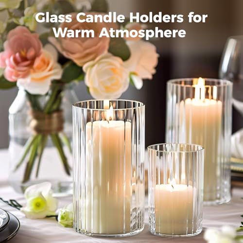 18 PCS Ribbed Hurricane Glass Candle Holders Bulk - Transparent Cylinder Candle Holders for Pillar Candles, Decorative Candle Hurricane Vases for Centerpieces Wedding Table Decorations