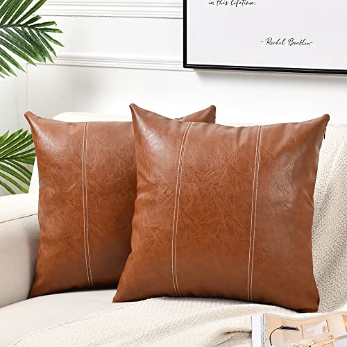 Fancy Homi 2 Packs Boho Brown Waterproof Faux Leather Decorative Throw Pillow Covers 18x18 Inch for Outdoor Couch Bed Sofa, Hand Stitched Accent Square Cushion Case, Rustic Modern Farmhouse Home Decor - color: Brown, size: 18" x 18" (Pack of 2)