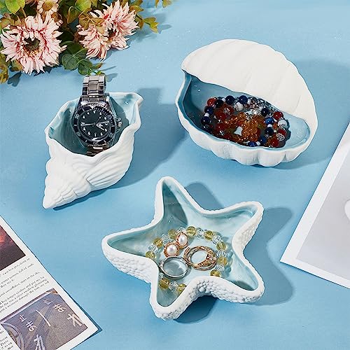 NBEADS Conch Shape Ceramic Jewelry Tray, Aqua Shell Trinket Dish Ceramic Ring Earring Holder Ocean-themed Decorative Trinket Plate for Rings Earrings Necklaces Bracelet Jewelry Watch Keys - color: Blue&White-Conch