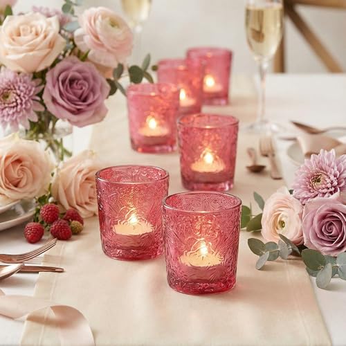 12 Pack Hummingbird Embossed Glass Candle Holders – Votive Tealight Holders with Patent Design, Decorative Embossed Glass Cups for Wedding Centerpieces, Parties, and Home Décor (Wildberry Red) - color: Wildberry Red