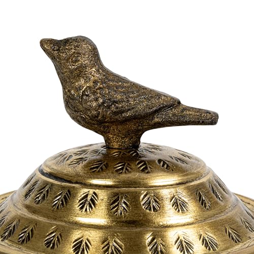 Round Hammered Metal Container with Bird Finial, Brass Finish - style: Bird
