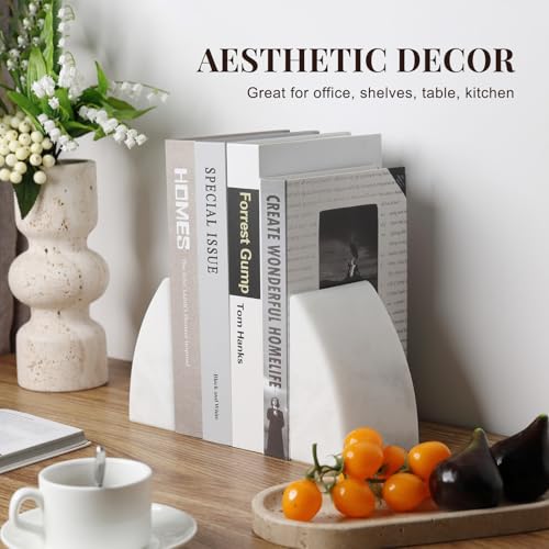 Koville Marble Bookends for Shelves, Large Bookends for Heavy Books, Natural Stone Book Stopper for Books CD Movies, Aesthetic Decorative Book Ends (White) - color: Sail-white
