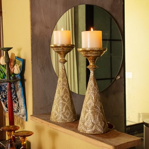 Farmhouse Gold Candle Holders for Pillar Candles, Metal Distressed Set of 2 Retro Flower Design Pillar Candle Stand Dual Use, Can be Vase Table Centerpiece Decor for Fireplace, Living, and Dining Room