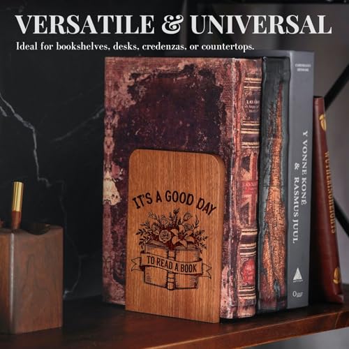 Book Lovers Gifts, Novelty Bookends Unique, Gifts for Book Lovers, Heavy Duty Wooden Book Ends for Shelves Decorative(1 Pair, 4.72x6.69 Inches) - Good Day - color: Goodday
