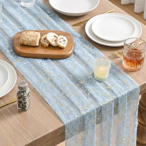 Artoid Mode Gold Gauze Light Blue Table Runner 120 Inch 10FT, Glitter Metallic Foil Sheer Dining Wedding Anniversary Holiday Birthday Table Decor for Home Party - color: Light Blue Gold, size: 28" x 120"