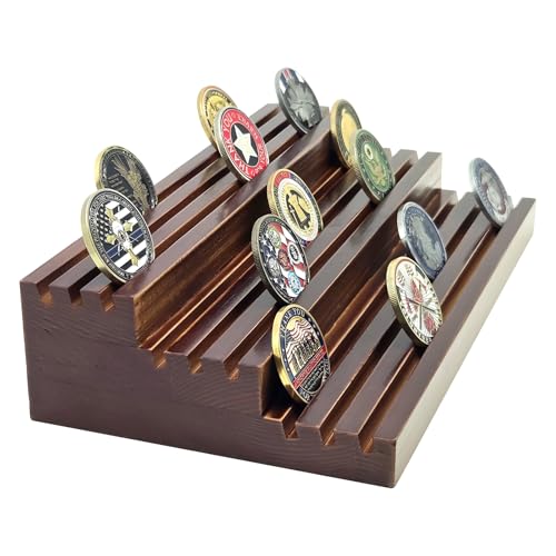Challenge Coin Display Stand, Solid Wood Military Coin Holder Display, 9 Rows of Challenge Coin Holders, Holds 45-60 Coins