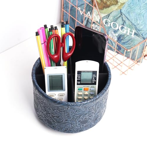 lizimandu Round Leather Art Supply Organizer,Remote Control Holder,360 Degree Spinning,Multi-Functional Pencil Holder,4 Compartments Desktop Stationary Organizer(1-Carved Dark Blue) - color: 1-Carved Dark Blue