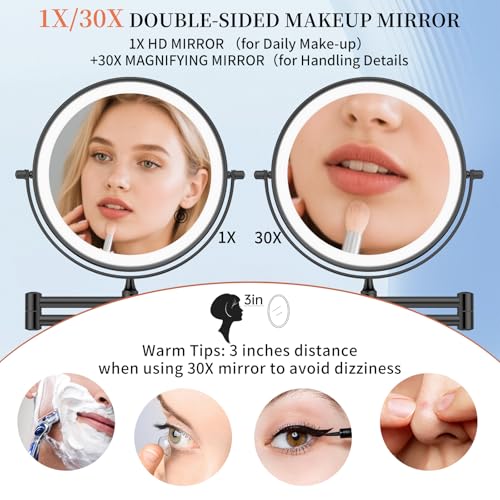 FUNTOUCH 5000mAh Rechargeable Wall Mounted Makeup Mirror with Lights, 9" Double Sided 1X/30X Magnifying Mirror with Dimmable 3 Color Light, Extended Swing Arm 360° Wall Mount Bathroom Mirror, Black - color: Black-30x