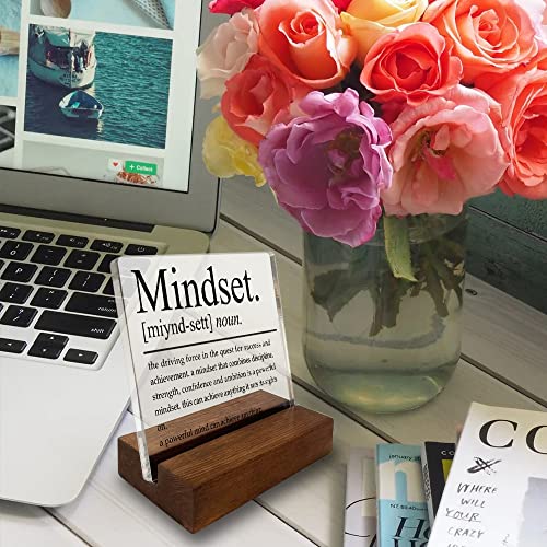 Inspirational Home Office Desk Decor, Motivational Minimalist Decor Art Acrylic Plaque With Wooden Stand Sign Home Office Desk Sign Gift for Women Colleague Friend Cowoker - style: Mindset